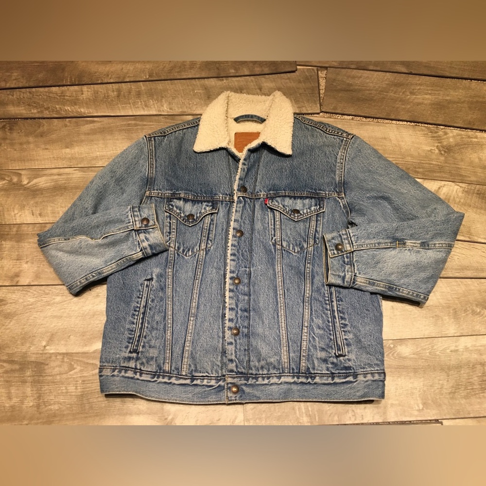 Levis Denim Jean Barn Trucker Sherpa Fleece Lined Jacket Adult Vintage Sz Medium
